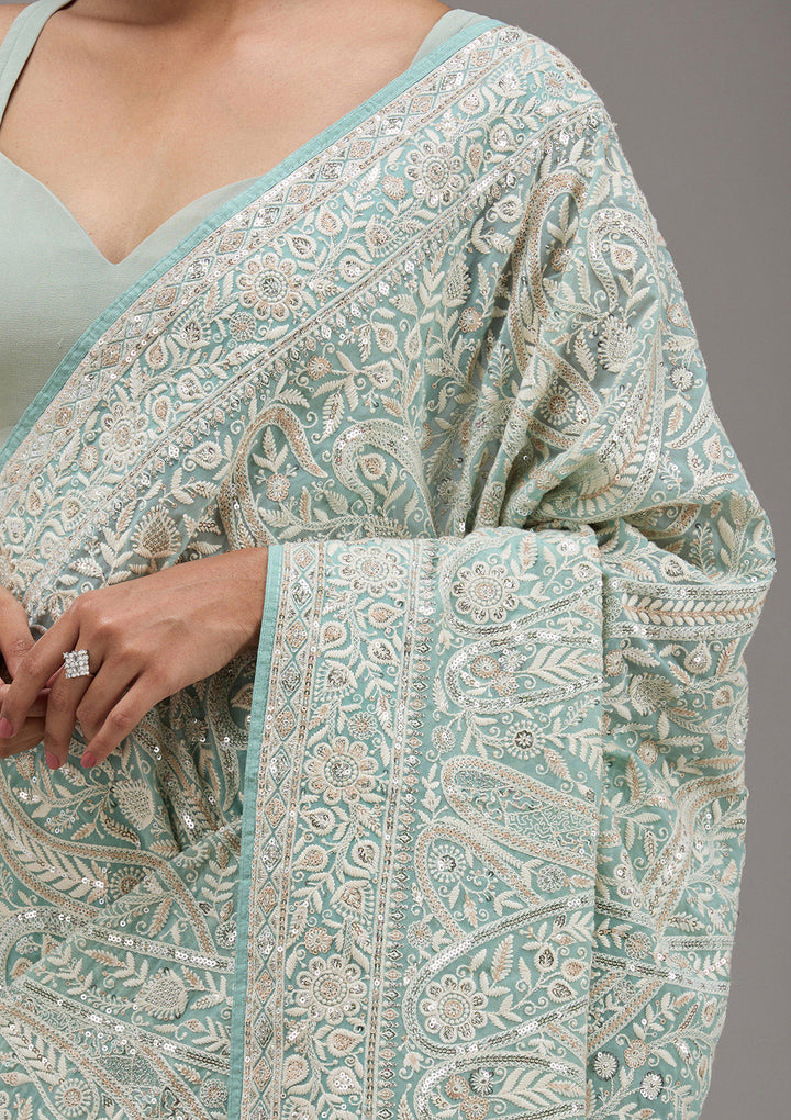 Sky Blue Threadwork Georgette Saree