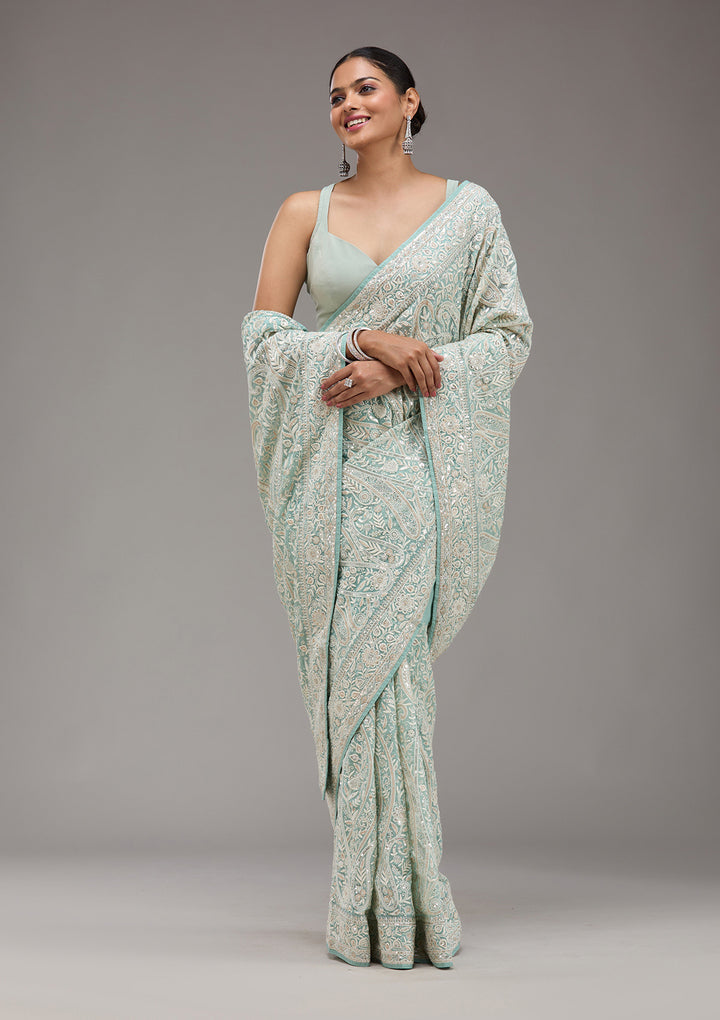 Sky Blue Threadwork Georgette Saree