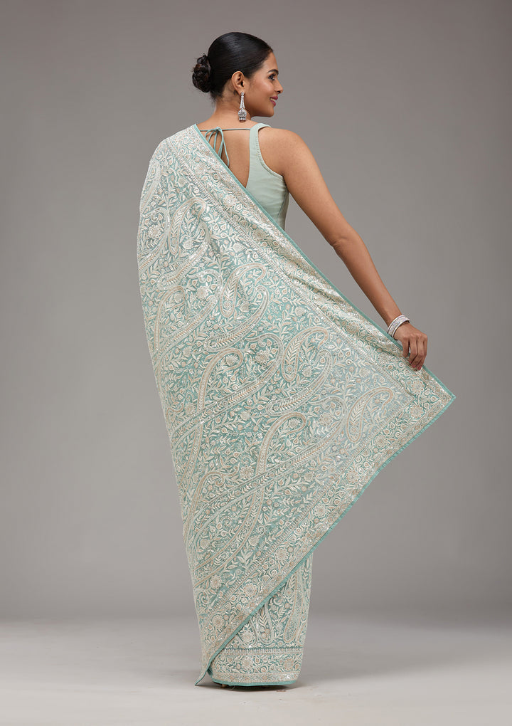 Sky Blue Threadwork Georgette Saree