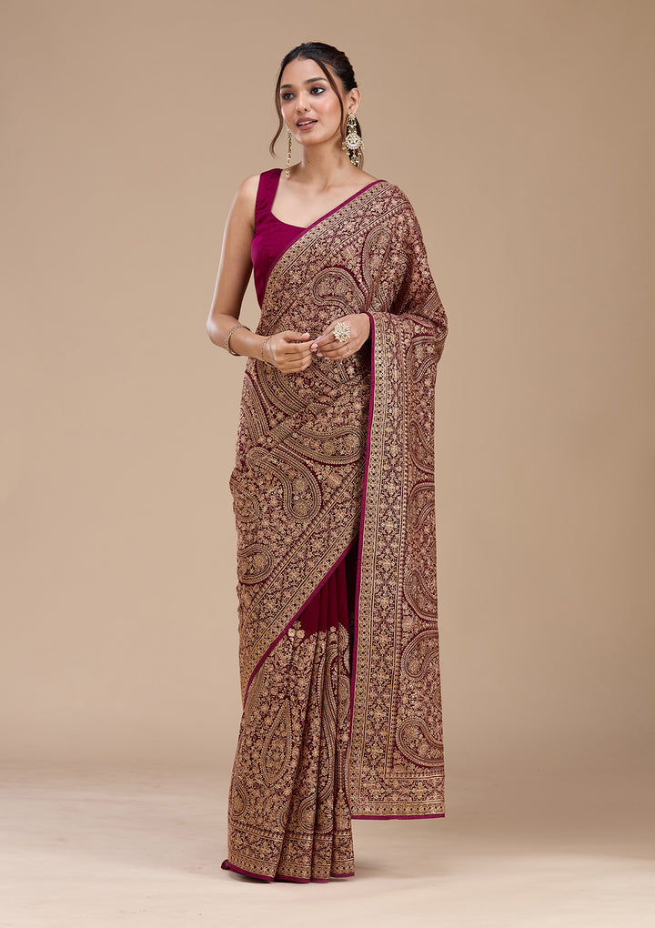 Wine Georgette Kashmiri Saree With Matching Blouse Piece