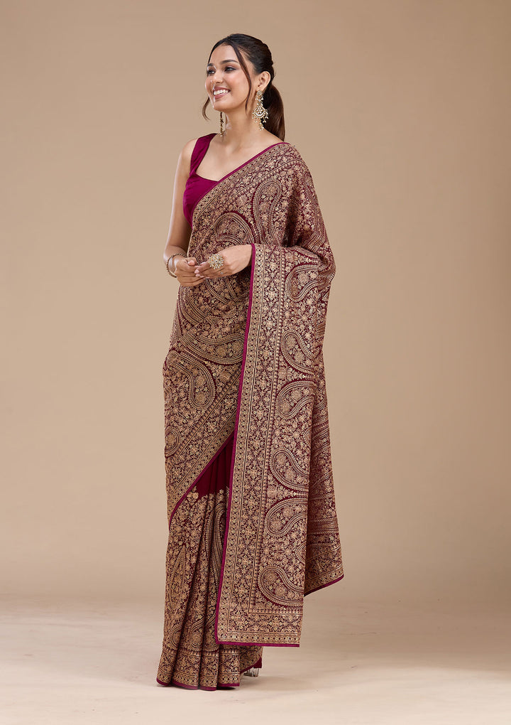 Wine Georgette Kashmiri Saree With Matching Blouse Piece