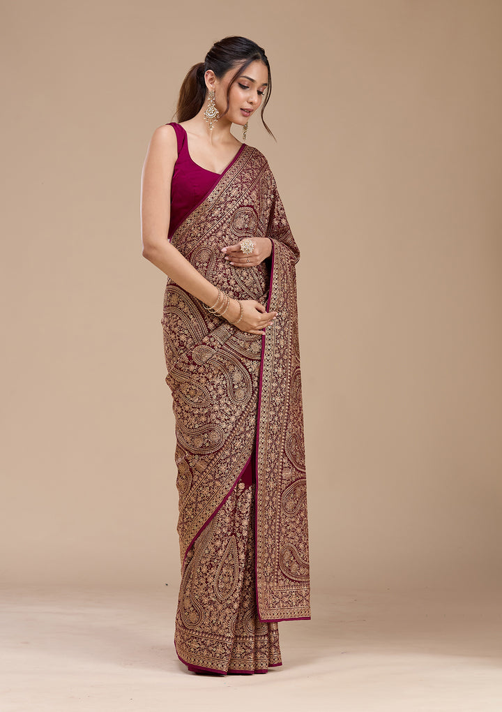 Wine Georgette Kashmiri Saree With Matching Blouse Piece