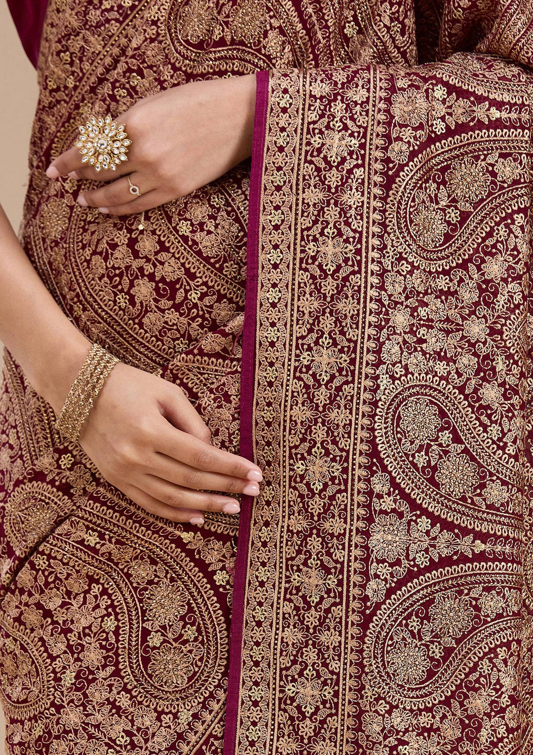 Wine Georgette Kashmiri Saree With Matching Blouse Piece