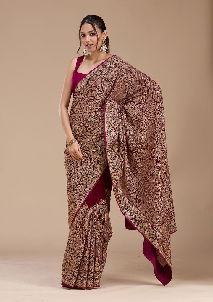 Wine Georgette Kashmiri Saree With Matching Blouse Piece