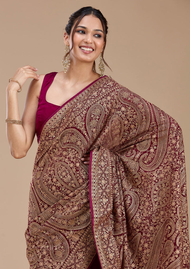 Wine Georgette Kashmiri Saree With Matching Blouse Piece
