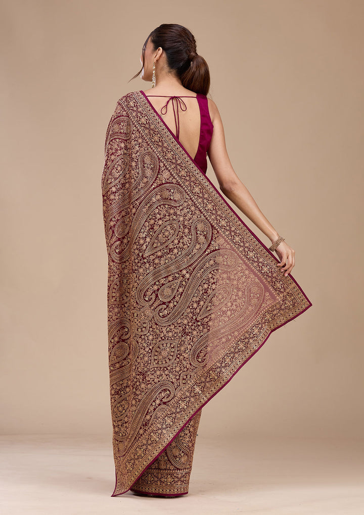 Wine Georgette Kashmiri Saree With Matching Blouse Piece