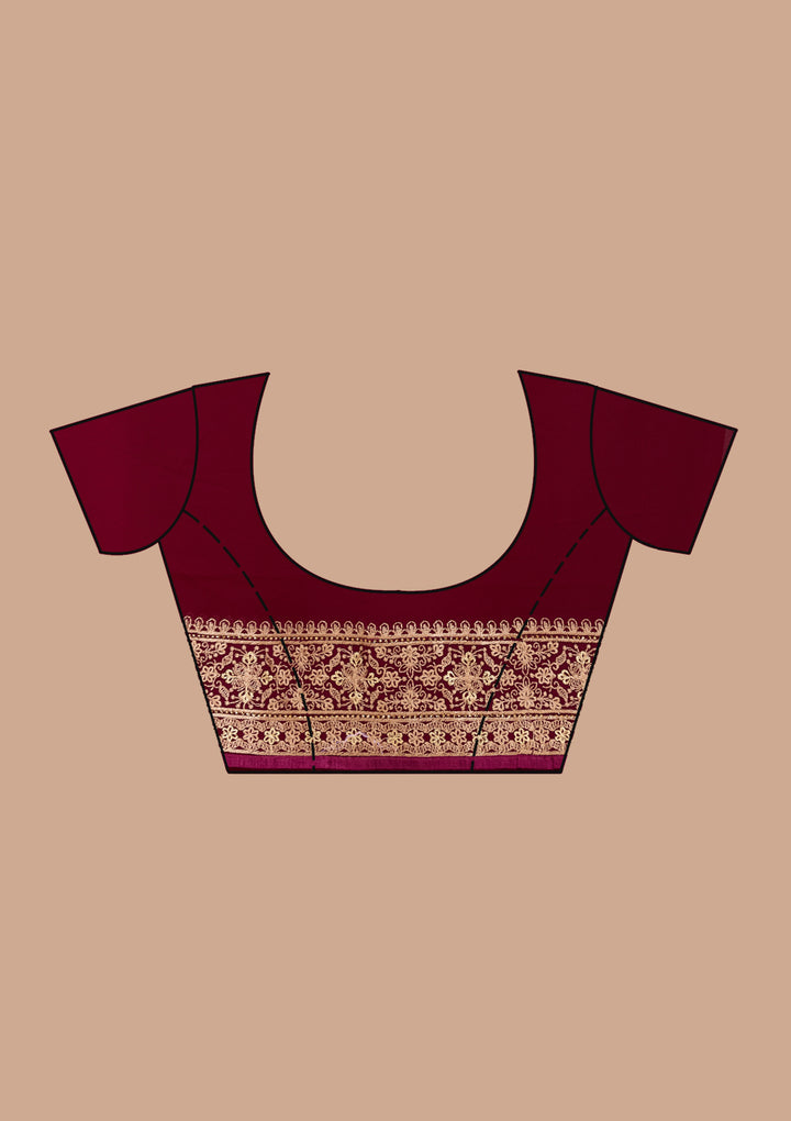 Wine Georgette Kashmiri Saree With Matching Blouse Piece