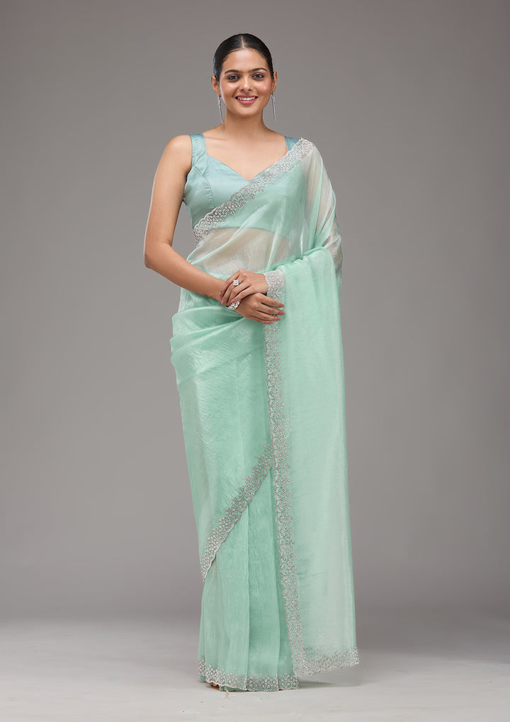 Sea Green Stonework Tissue Saree