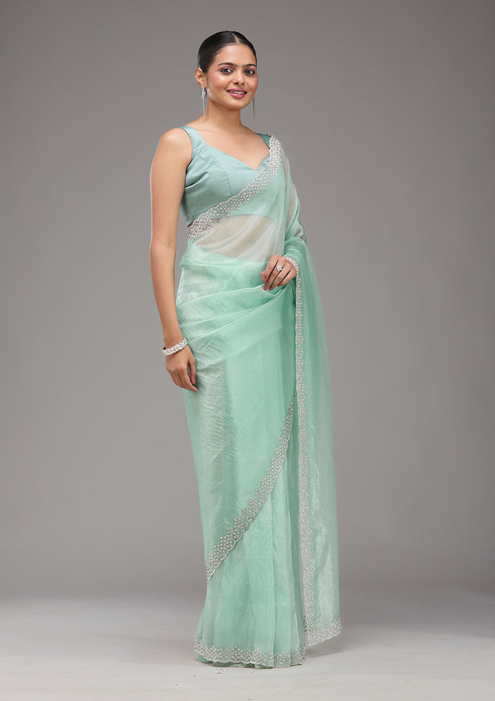 Sea Green Stonework Tissue Saree