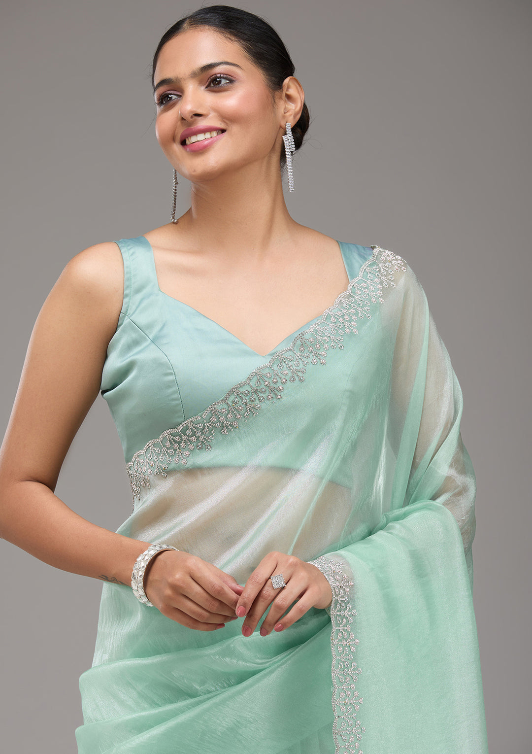 Sea Green Stonework Tissue Saree