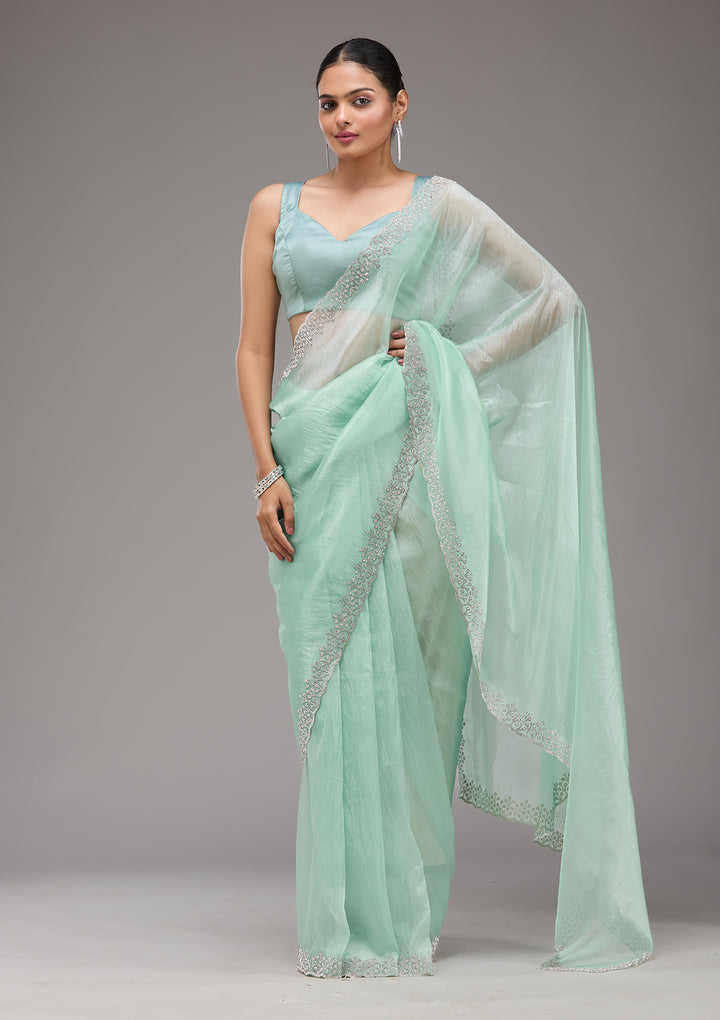 Sea Green Stonework Tissue Saree