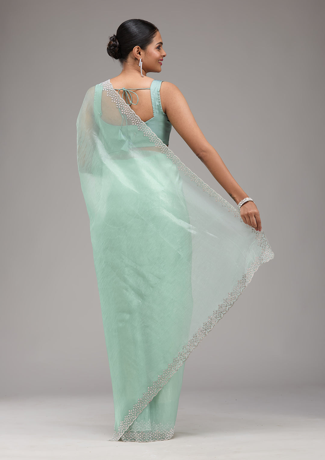 Sea Green Stonework Tissue Saree