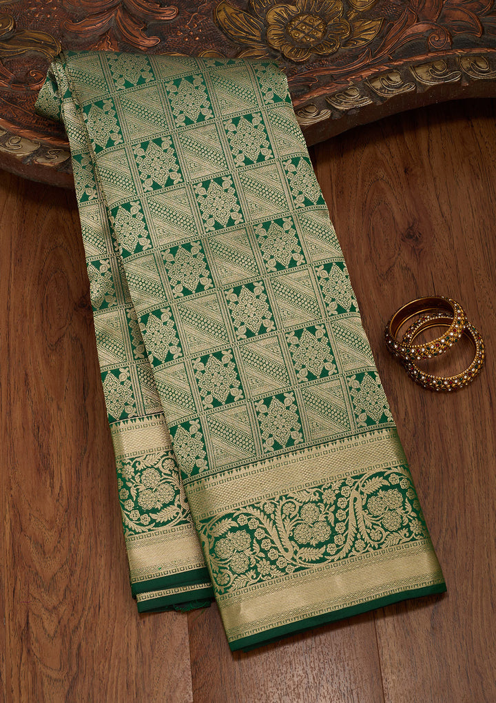 Bottle Green Silk Jaal Gold Zariwork Saree With Matching Blouse Piece