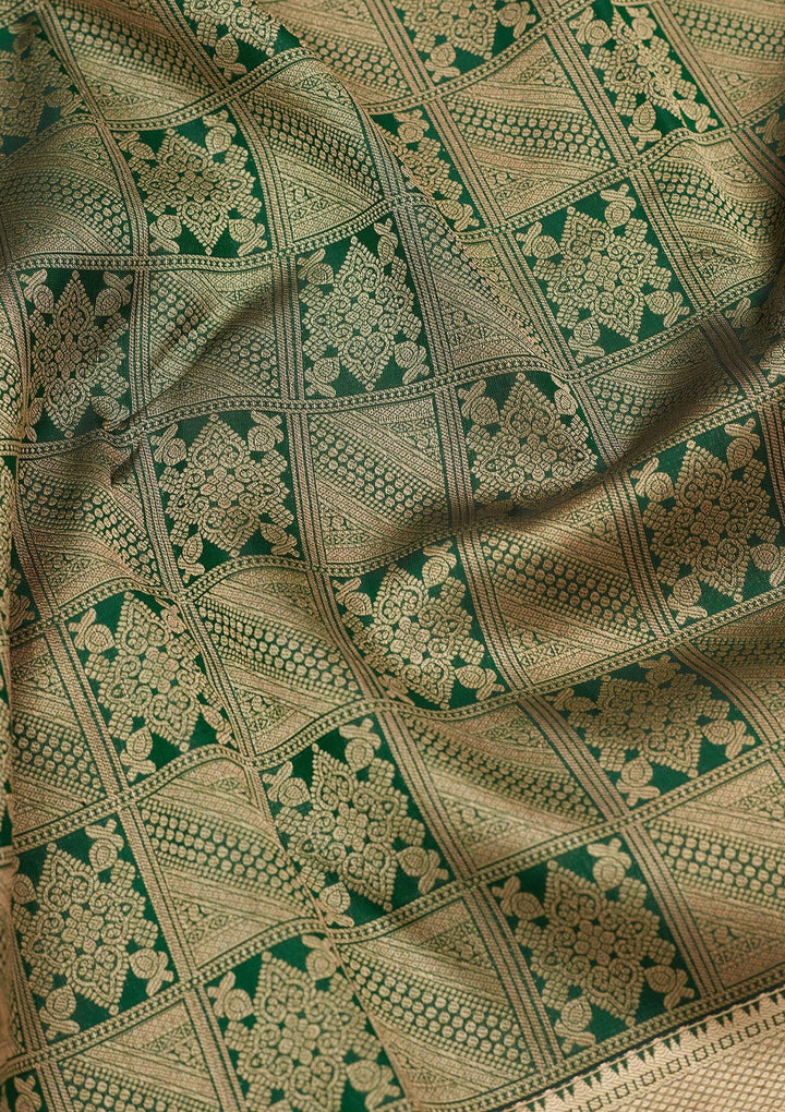 Bottle Green Silk Jaal Gold Zariwork Saree With Matching Blouse Piece