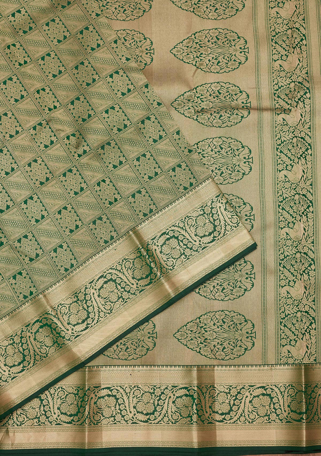 Bottle Green Silk Jaal Gold Zariwork Saree With Matching Blouse Piece