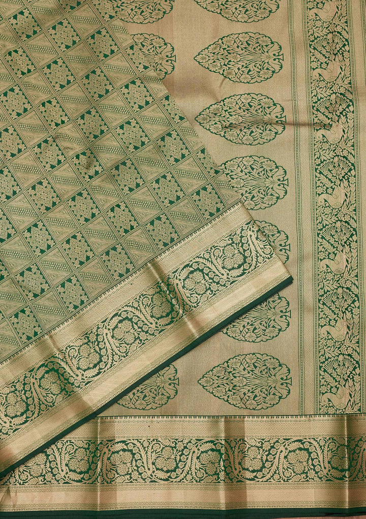 Bottle Green Silk Jaal Gold Zariwork Saree With Matching Blouse Piece