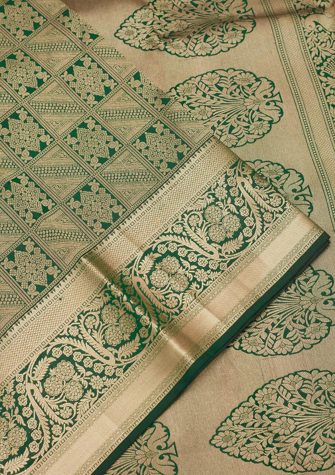 Bottle Green Silk Jaal Gold Zariwork Saree With Matching Blouse Piece