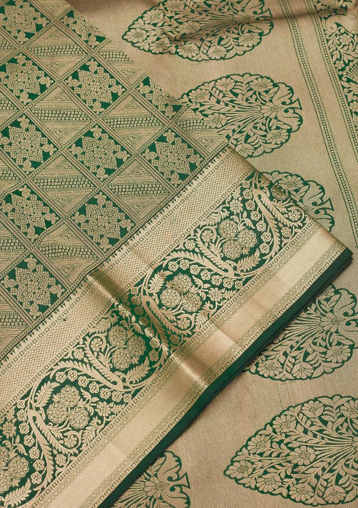 Bottle Green Silk Jaal Gold Zariwork Saree With Matching Blouse Piece