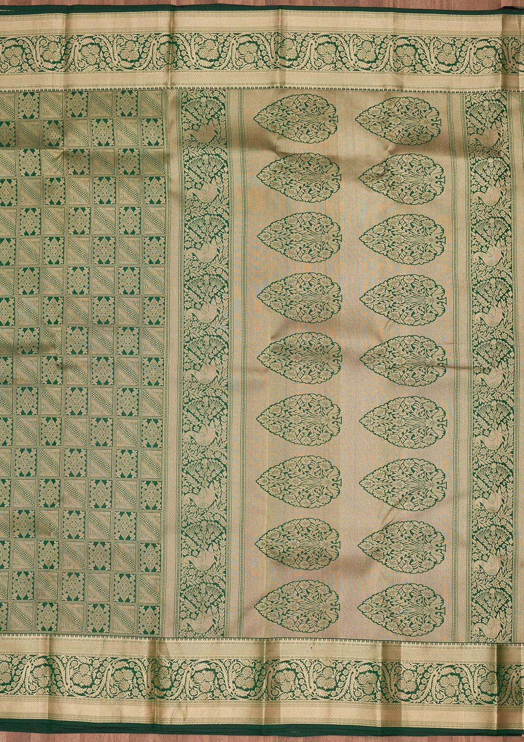 Bottle Green Silk Jaal Gold Zariwork Saree With Matching Blouse Piece