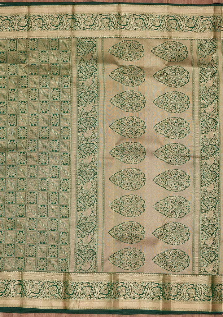 Bottle Green Silk Jaal Gold Zariwork Saree With Matching Blouse Piece