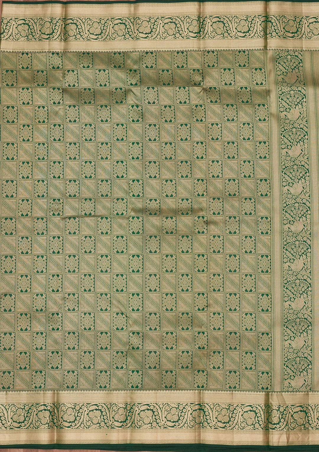 Bottle Green Silk Jaal Gold Zariwork Saree With Matching Blouse Piece