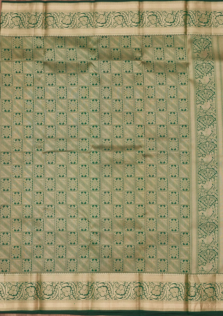 Bottle Green Silk Jaal Gold Zariwork Saree With Matching Blouse Piece