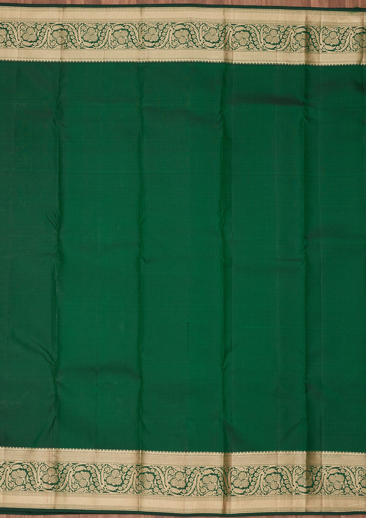 Bottle Green Silk Jaal Gold Zariwork Saree With Matching Blouse Piece