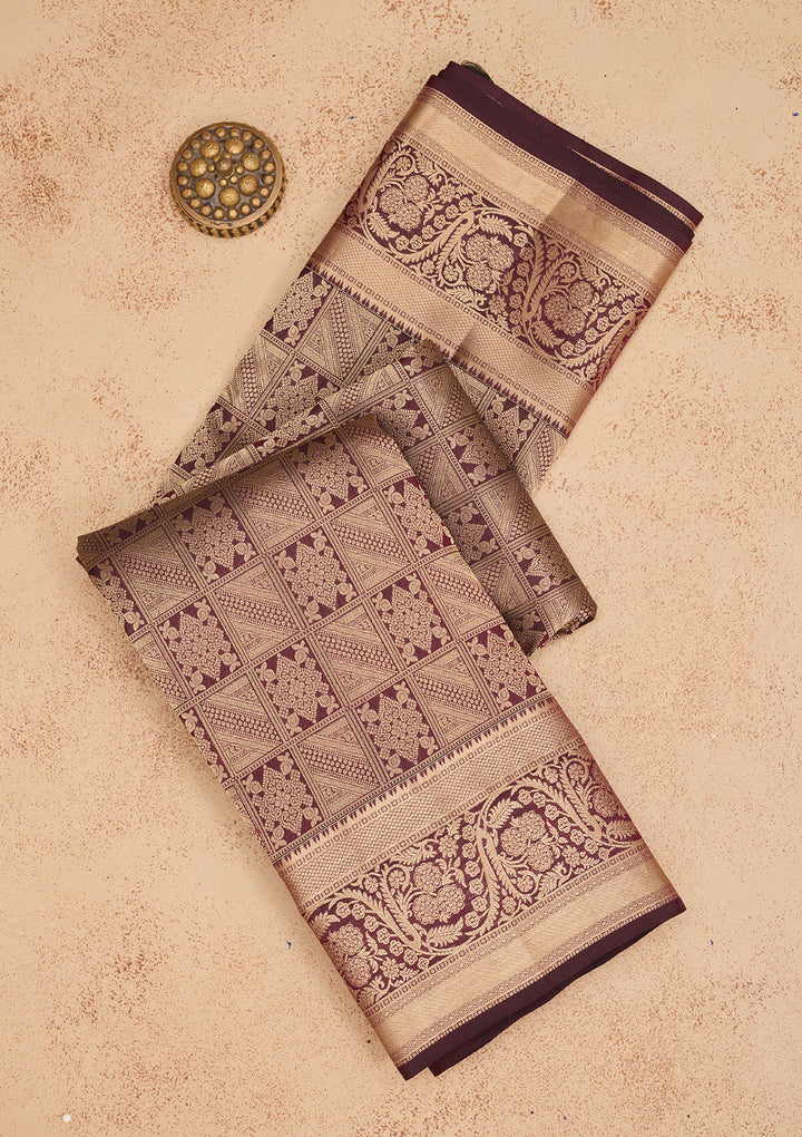 Brown Silk Jaal Gold Zariwork Saree With Matching Blouse Piece