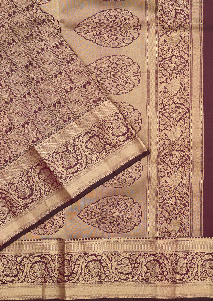 Brown Silk Jaal Gold Zariwork Saree With Matching Blouse Piece