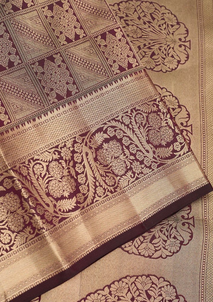 Brown Silk Jaal Gold Zariwork Saree With Matching Blouse Piece