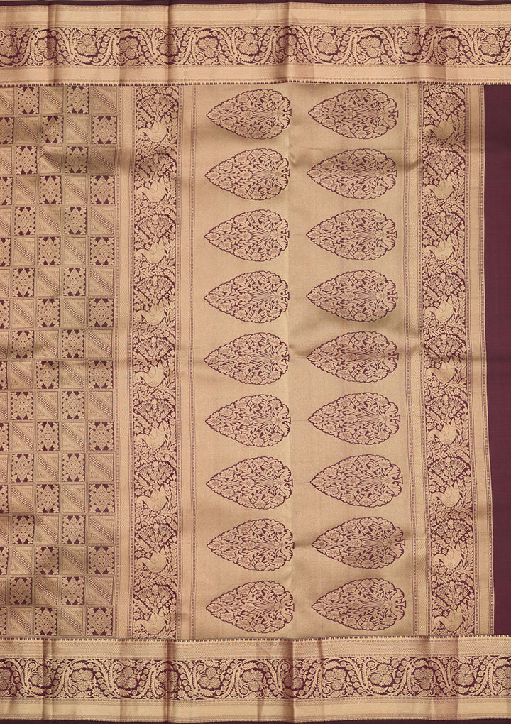 Brown Silk Jaal Gold Zariwork Saree With Matching Blouse Piece