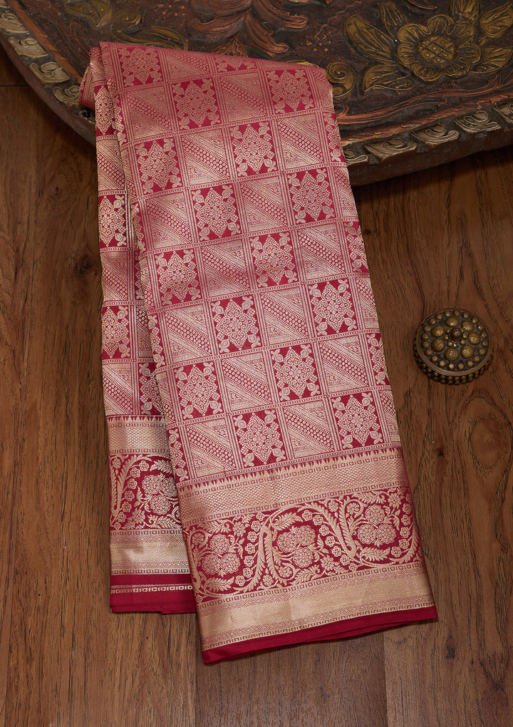 Maroon Silk Jaal Gold Zariwork Saree With Matching Blouse Piece