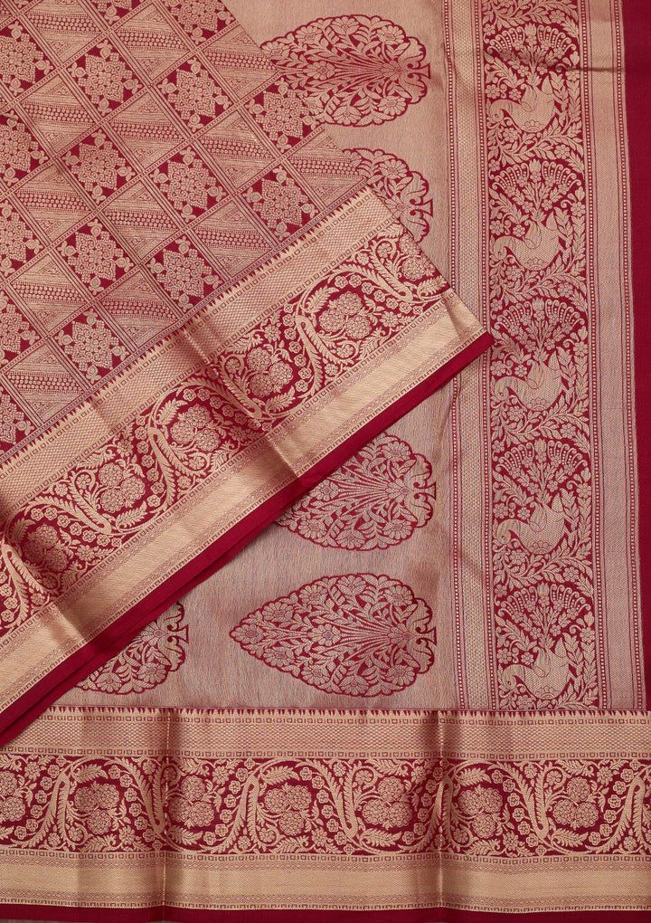 Maroon Silk Jaal Gold Zariwork Saree With Matching Blouse Piece