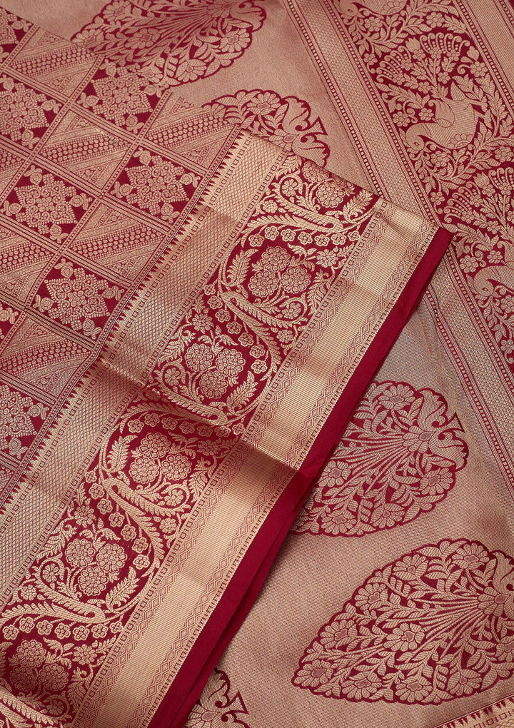 Maroon Silk Jaal Gold Zariwork Saree With Matching Blouse Piece