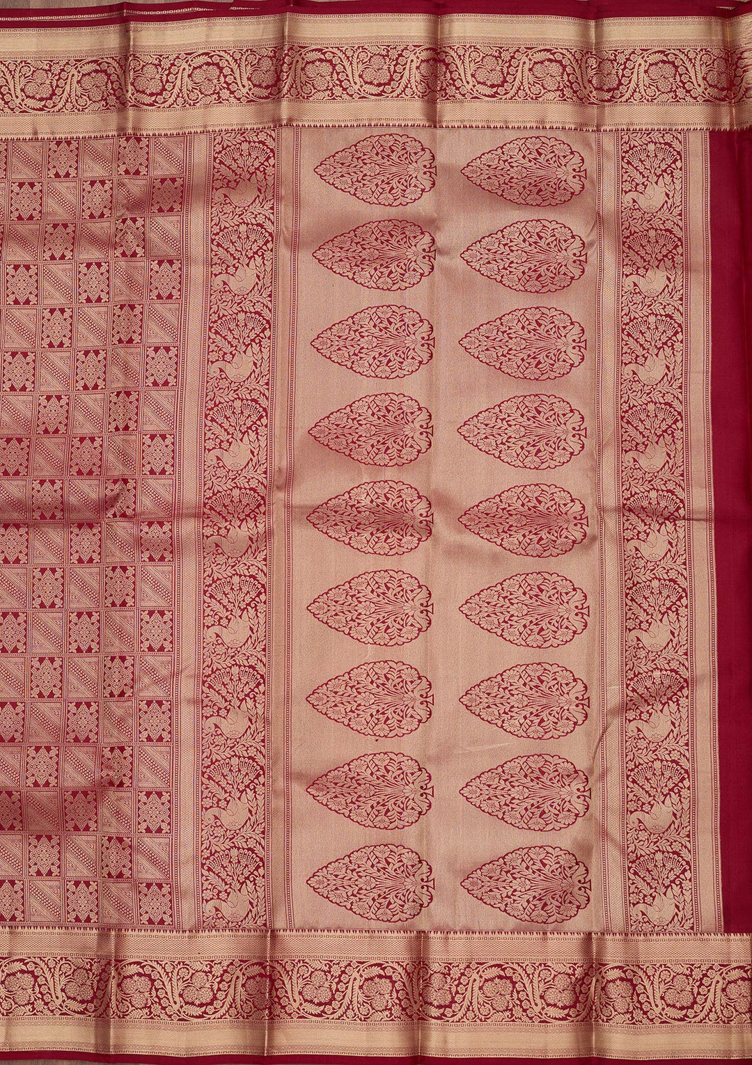 Maroon Silk Jaal Gold Zariwork Saree With Matching Blouse Piece