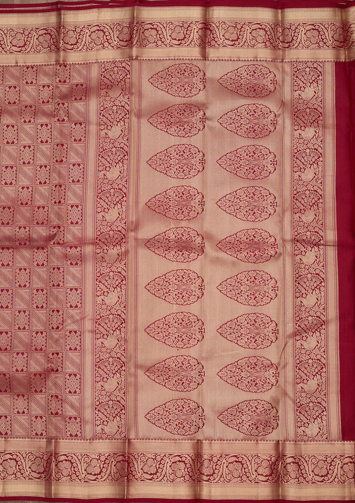 Maroon Silk Jaal Gold Zariwork Saree With Matching Blouse Piece