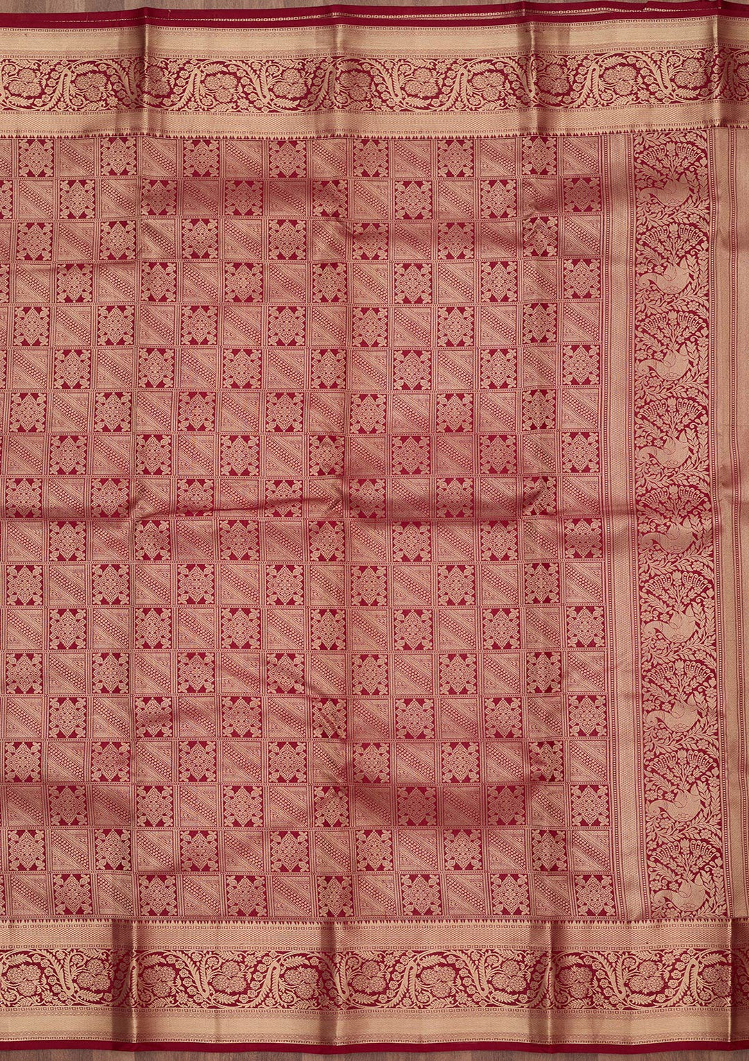 Maroon Silk Jaal Gold Zariwork Saree With Matching Blouse Piece