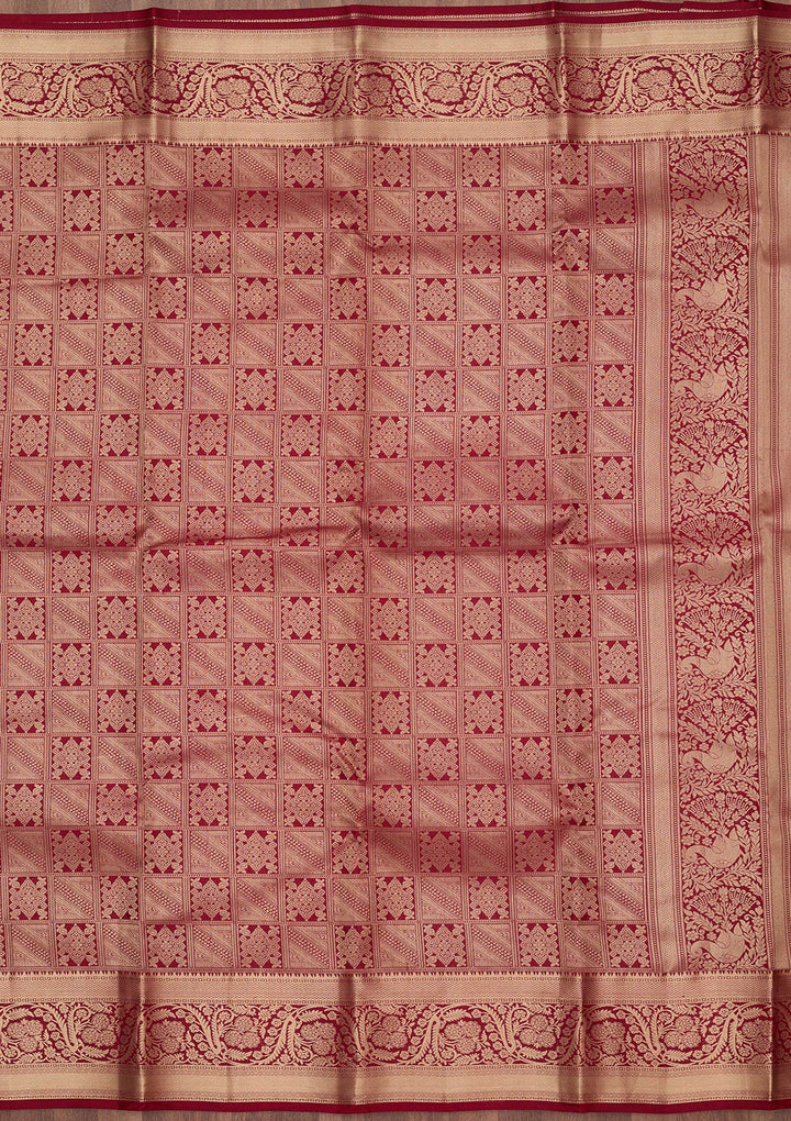 Maroon Silk Jaal Gold Zariwork Saree With Matching Blouse Piece