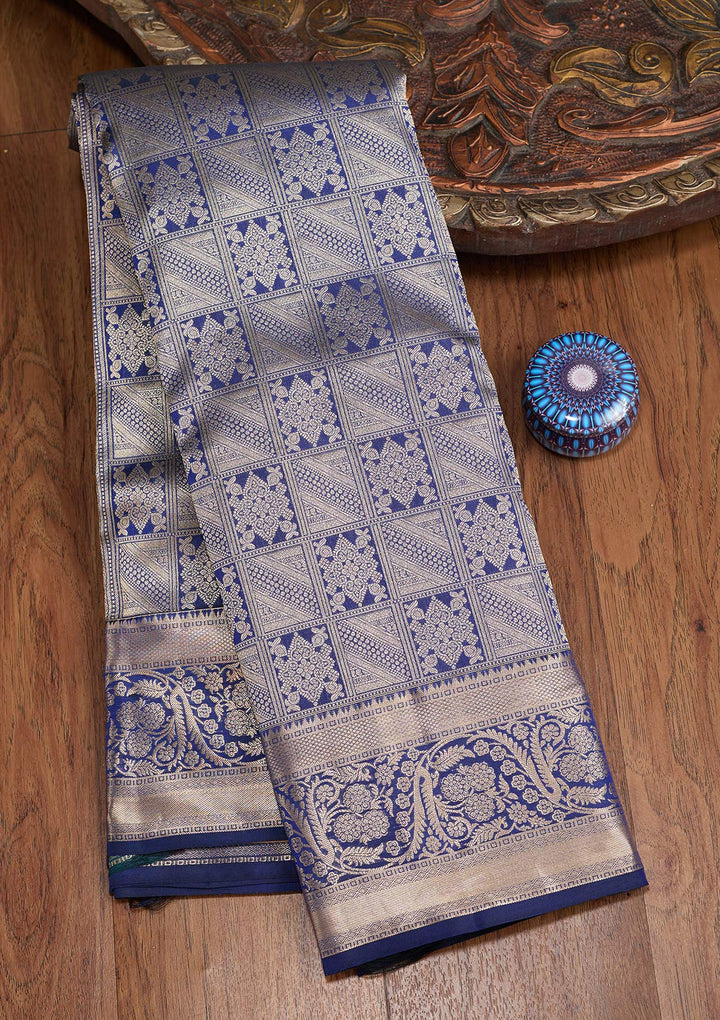 Navy Blue Silk Jaal Gold Zariwork Saree With Matching Blouse Piece