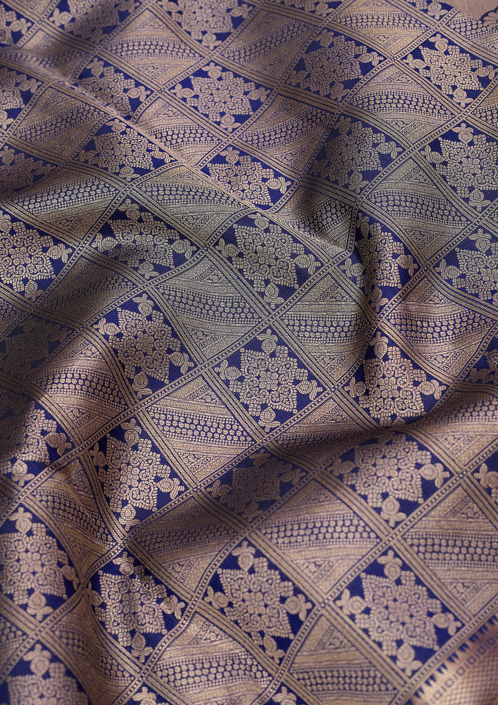 Navy Blue Silk Jaal Gold Zariwork Saree With Matching Blouse Piece