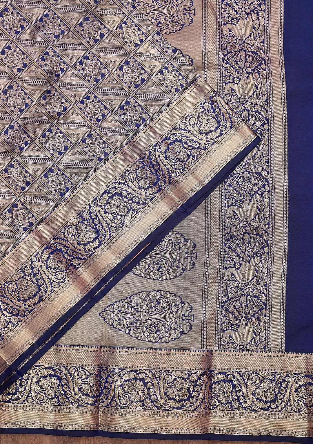 Navy Blue Silk Jaal Gold Zariwork Saree With Matching Blouse Piece