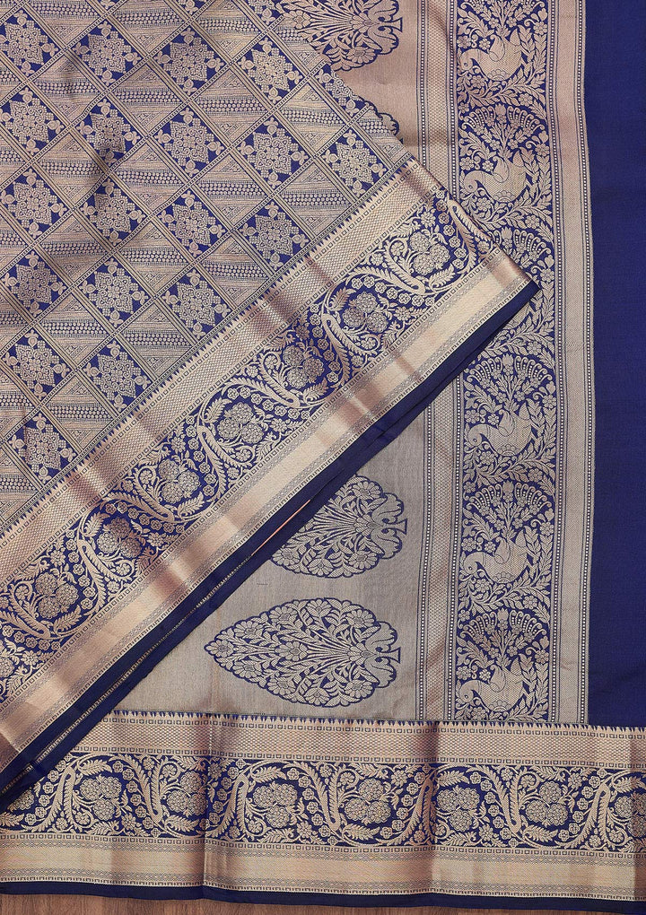 Navy Blue Silk Jaal Gold Zariwork Saree With Matching Blouse Piece