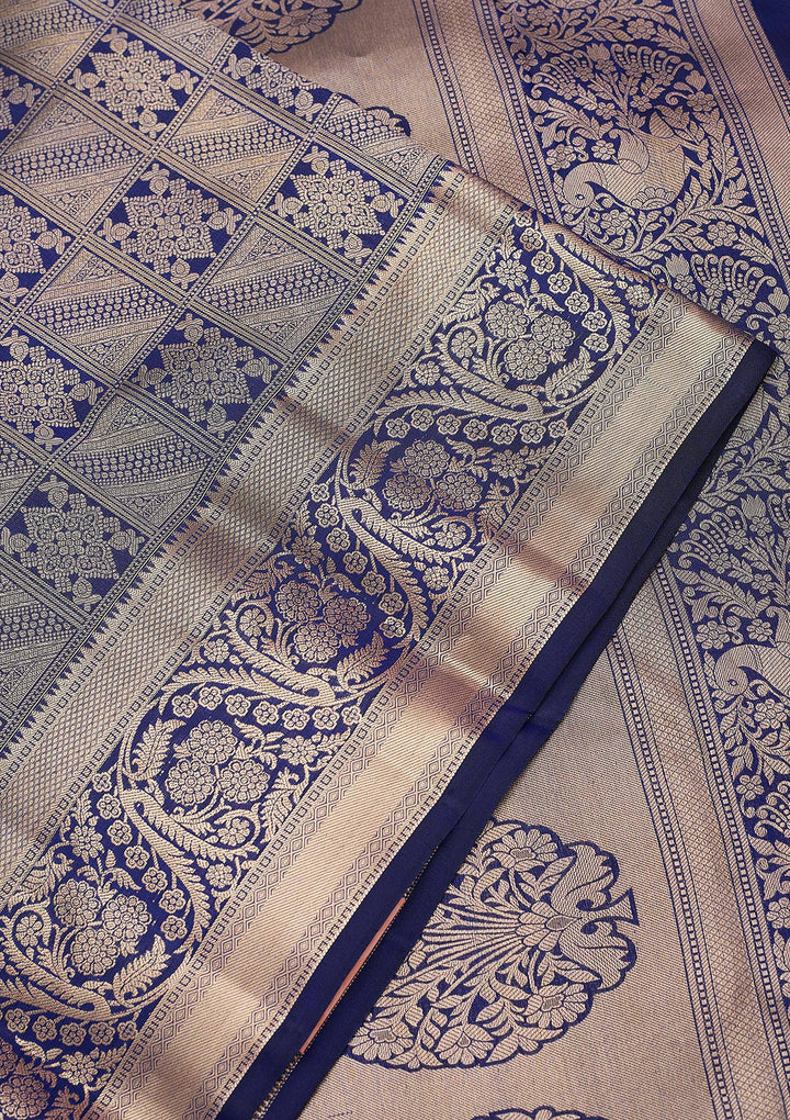 Navy Blue Silk Jaal Gold Zariwork Saree With Matching Blouse Piece