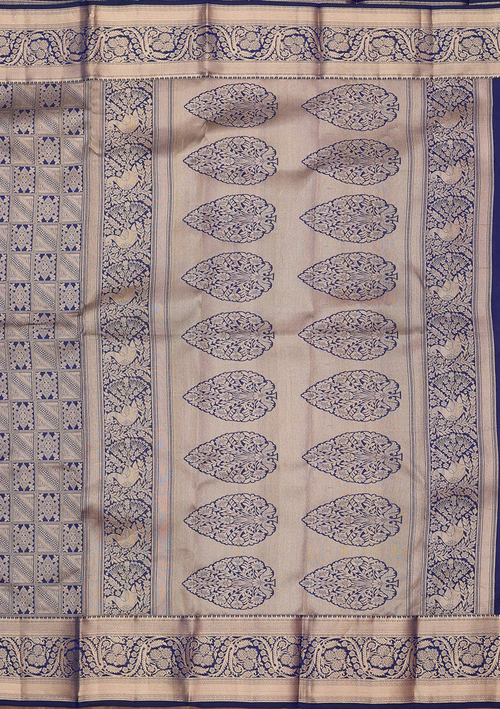 Navy Blue Silk Jaal Gold Zariwork Saree With Matching Blouse Piece