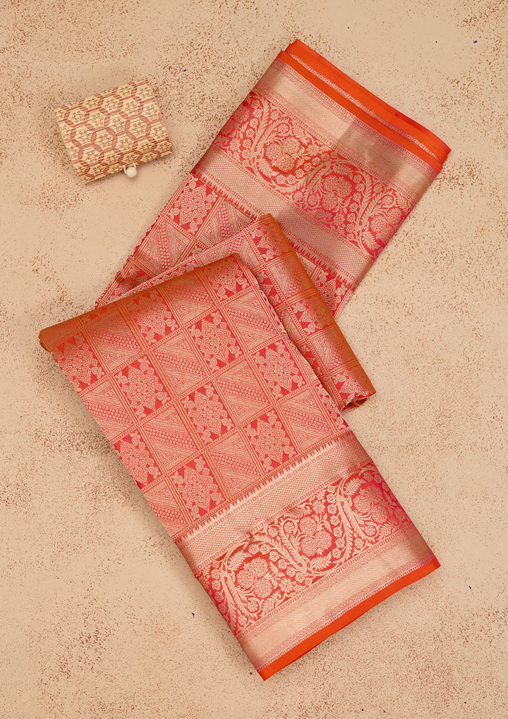 Orange Silk Jaal Gold Zariwork Saree With Matching Blouse Piece