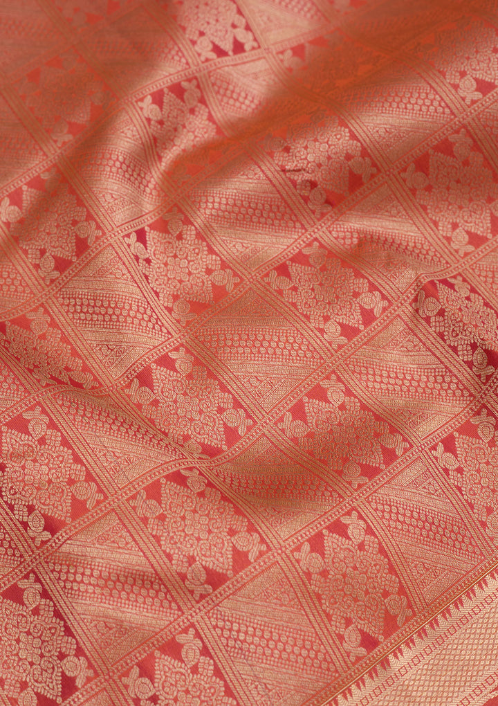 Orange Silk Jaal Gold Zariwork Saree With Matching Blouse Piece