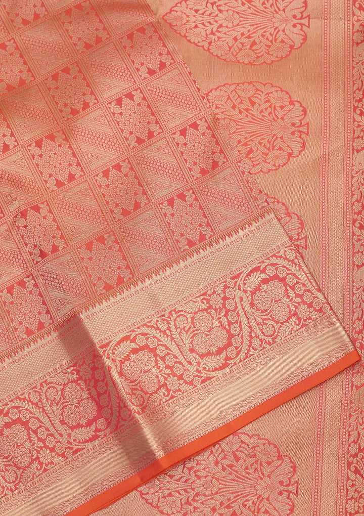 Orange Silk Jaal Gold Zariwork Saree With Matching Blouse Piece