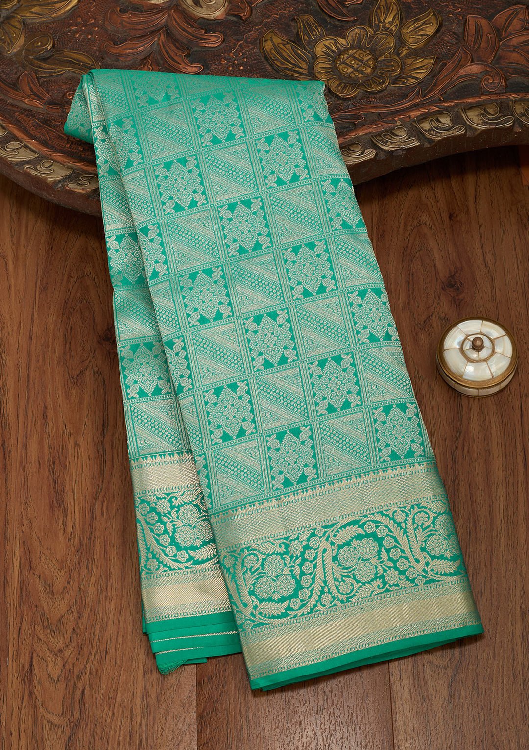 Turquoise Blue Silk Jaal Saree With Matching Blouse Piece