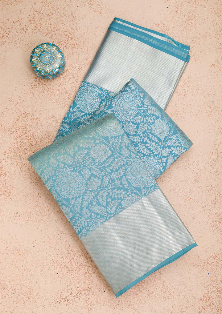 Turquoise Blue Silk Jaal Silver Zariwork Saree With Matching Blouse Piece