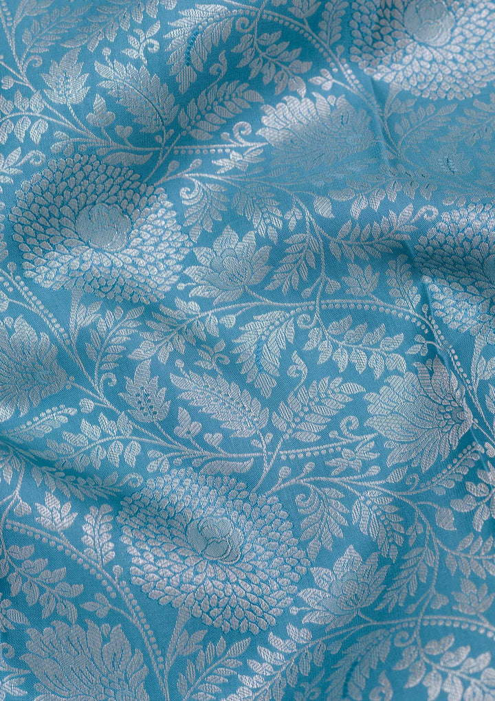 Turquoise Blue Silk Jaal Silver Zariwork Saree With Matching Blouse Piece